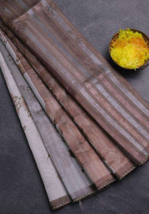 Organza Tissue Tussar Saree Pastel Grey With Floral Prints And Lace Work Border With Printed Design For Women