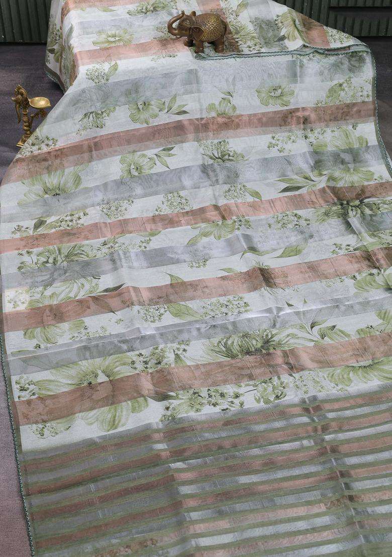 Organza Tissue Tussar Saree Pista Green With Floral Prints And Lace Work Border With Printed Design For Women - Indya