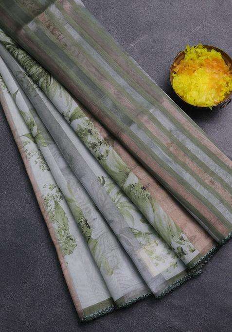 Organza Tissue Tussar Saree Pista Green With Floral Prints And Lace Work Border With Printed Design For Women