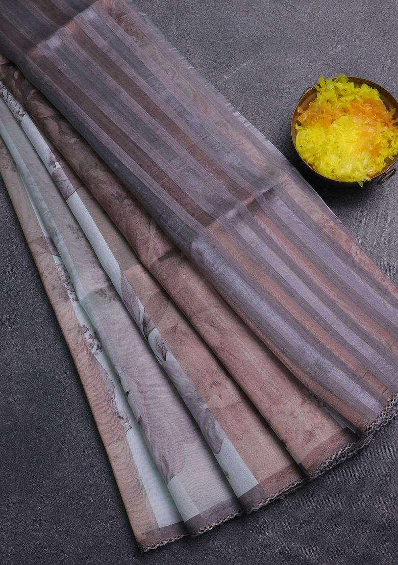 Organza Tissue Tussar Saree Grey With Floral Prints And Lace Work Border With Printed Design For Women - Indya