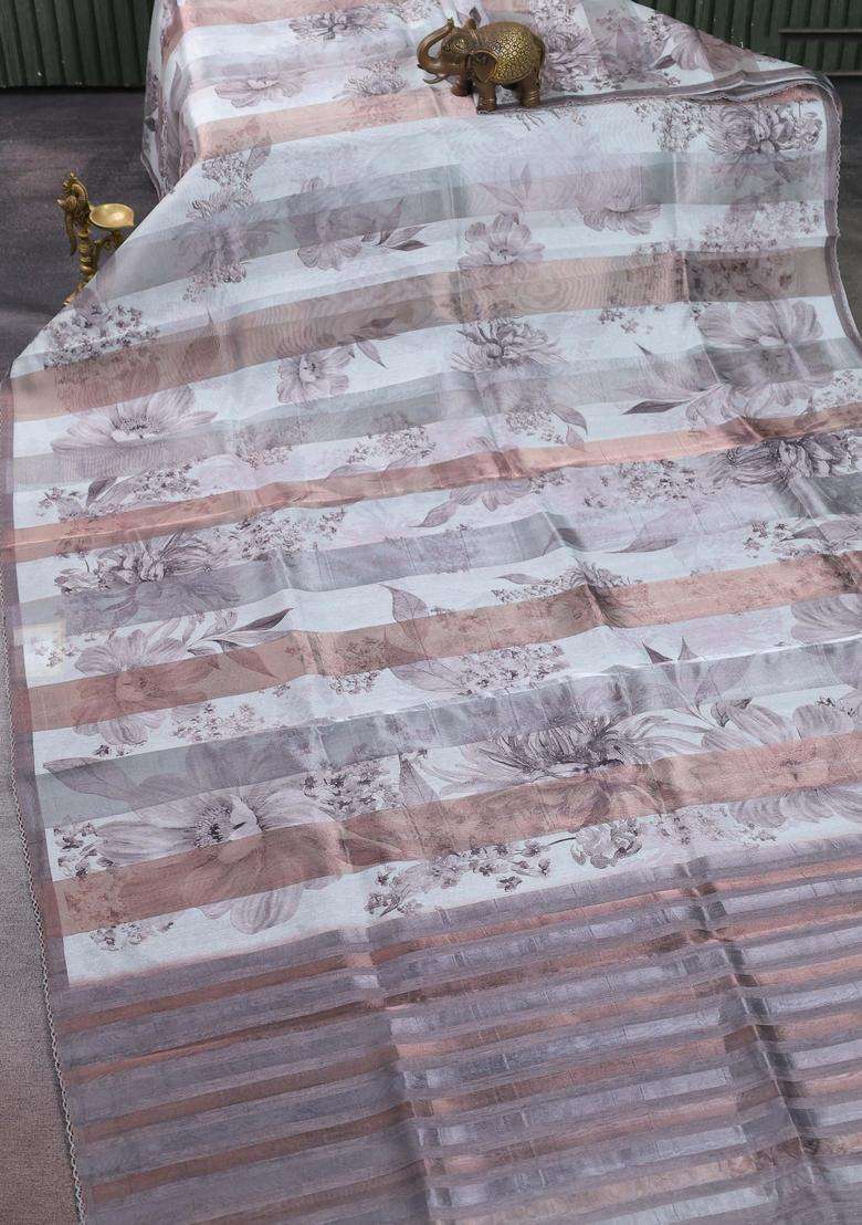 Organza Tissue Tussar Saree Grey With Floral Prints And Lace Work Border With Printed Design For Women - Indya