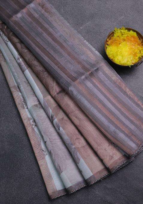 Organza Tissue Tussar Saree Grey With Floral Prints And Lace Work Border With Printed Design For Women