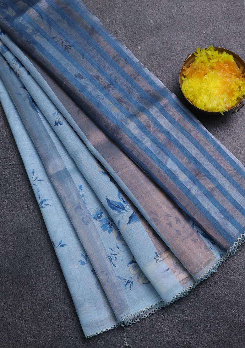 Organza Tissue Tussar Saree Light Blue With Floral Prints And Lace Work Border With Printed Design For Women - Indya