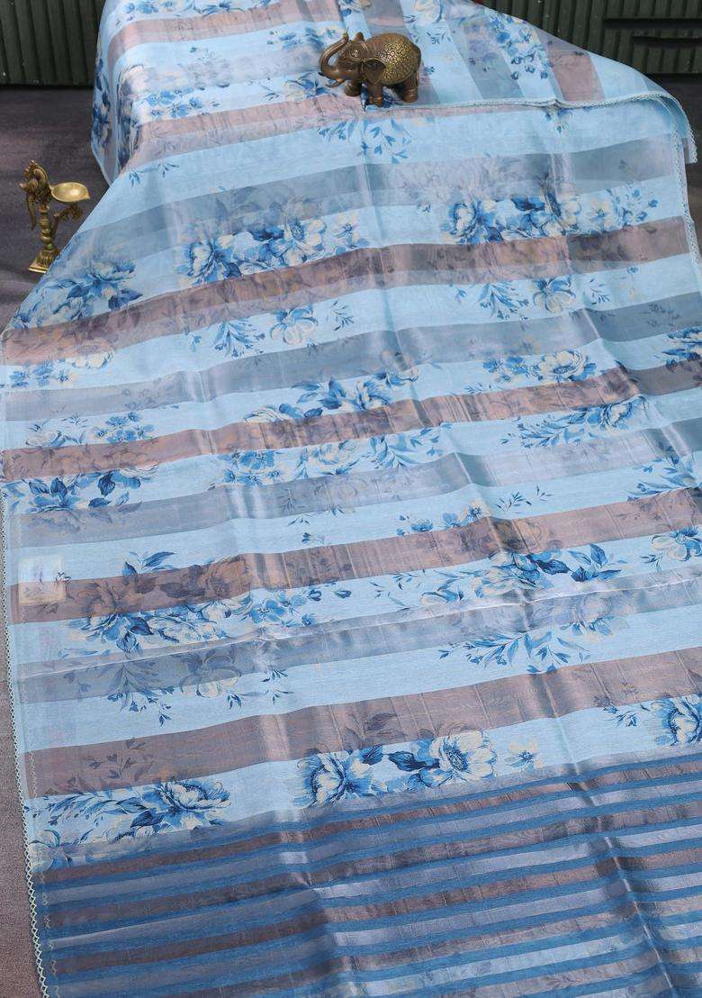 Organza Tissue Tussar Saree Light Blue With Floral Prints And Lace Work Border With Printed Design For Women - Indya