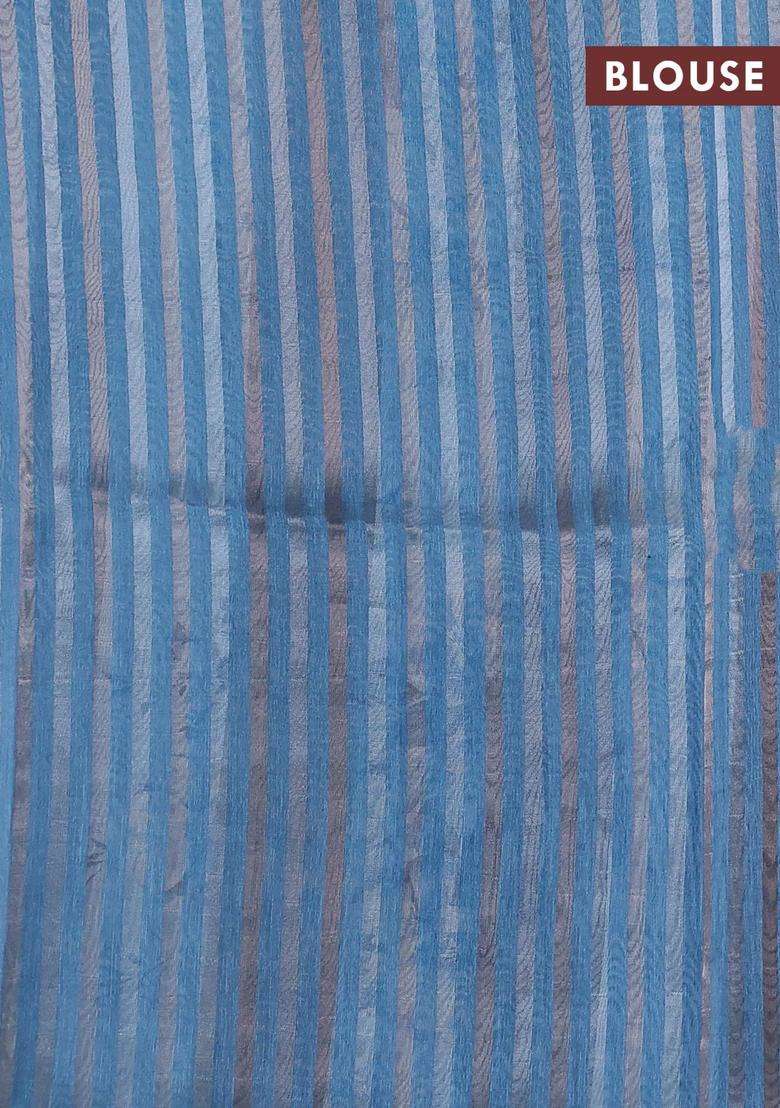 Organza Tissue Tussar Saree Light Blue With Floral Prints And Lace Work Border With Printed Design For Women - Indya