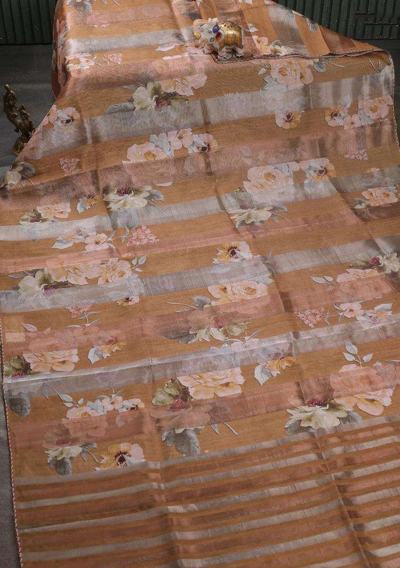 Organza Tissue Tussar Saree Mustard Yellow With Floral Prints And Lace Work Border With Printed Design For Women - Indya