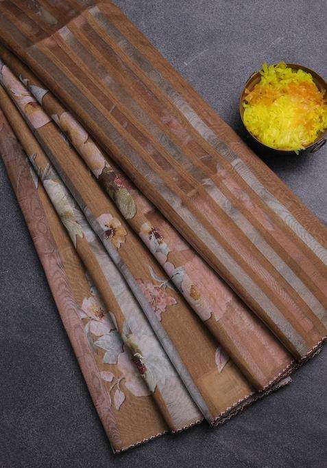 Organza Tissue Tussar Saree Mustard Yellow With Floral Prints And Lace Work Border With Printed Design For Women