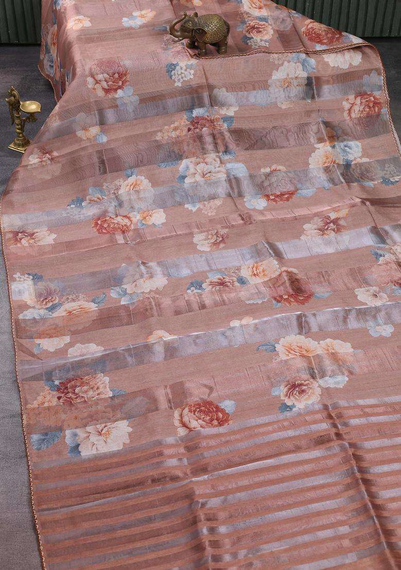 Organza Tissue Tussar Saree Rust Shade With Floral Prints And Lace Work Border With Printed Design For Women - Indya