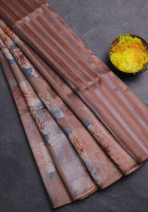 Organza Tissue Tussar Saree Rust Shade With Floral Prints And Lace Work Border With Printed Design For Women