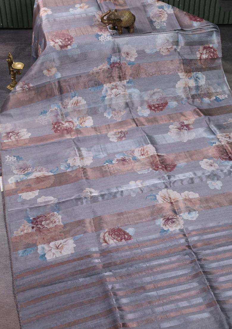Organza Tissue Tussar Saree Grey With Floral Prints And Lace Work Border With Printed Design For Women - Indya