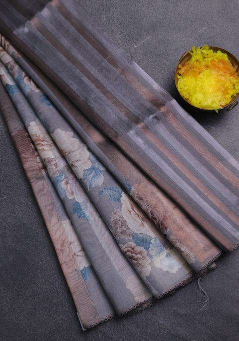 Organza Tissue Tussar Saree Grey With Floral Prints And Lace Work Border With Printed Design For Women