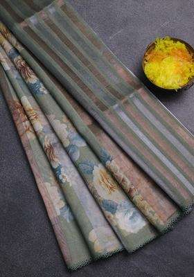 Organza Tissue Tussar Saree Pista Green With Floral Prints And Lace Work Border With Printed Design For Women