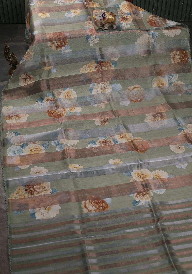 Organza Tissue Tussar Saree Pista Green With Floral Prints And Lace Work Border With Printed Design For Women - Indya
