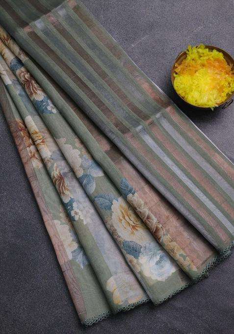 Organza Tissue Tussar Saree Pista Green With Floral Prints And Lace Work Border With Printed Design For Women