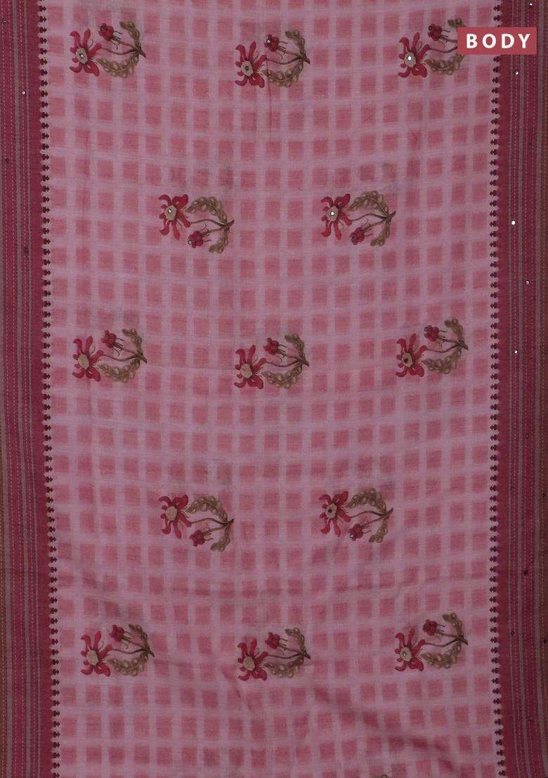 Kota Linen Saree Pink And Maroon With Allover Ikat Prints And Prints Mirror Work Border With Printed Design For Women - Indya