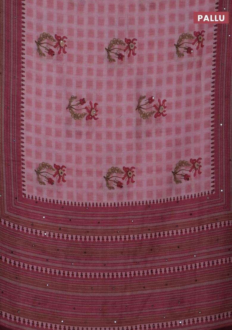 Kota Linen Saree Pink And Maroon With Allover Ikat Prints And Prints Mirror Work Border With Printed Design For Women - Indya