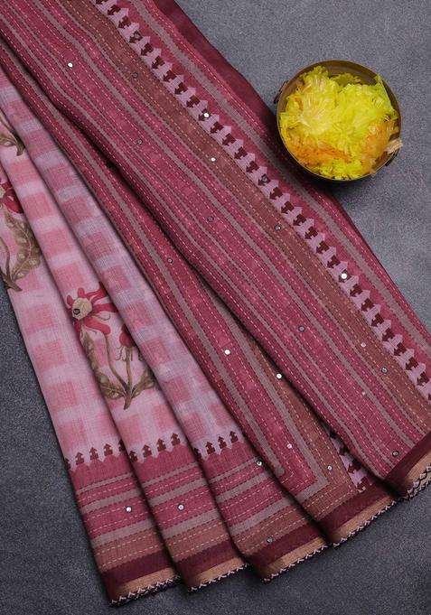 Kota Linen Saree Pink And Maroon With Allover Ikat Prints And Prints Mirror Work Border With Printed Design For Women
