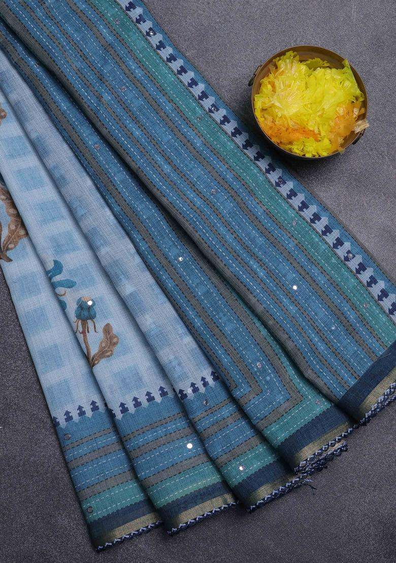 Kota Linen Saree Grey And Blue With Allover Ikat Prints And Prints Mirror Work Border With Printed Design For Women - Indya
