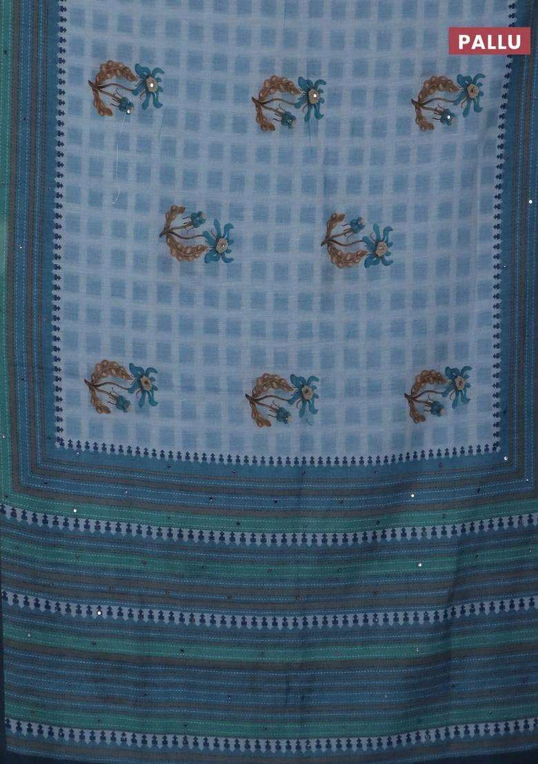 Kota Linen Saree Grey And Blue With Allover Ikat Prints And Prints Mirror Work Border With Printed Design For Women - Indya
