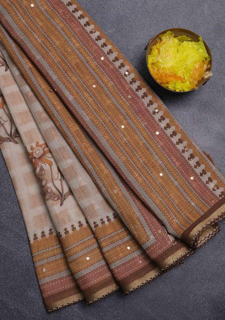 Kota Linen Saree Sandal And Brown With Allover Ikat Prints And Prints Mirror Work Border With Printed Design For Women - Indya