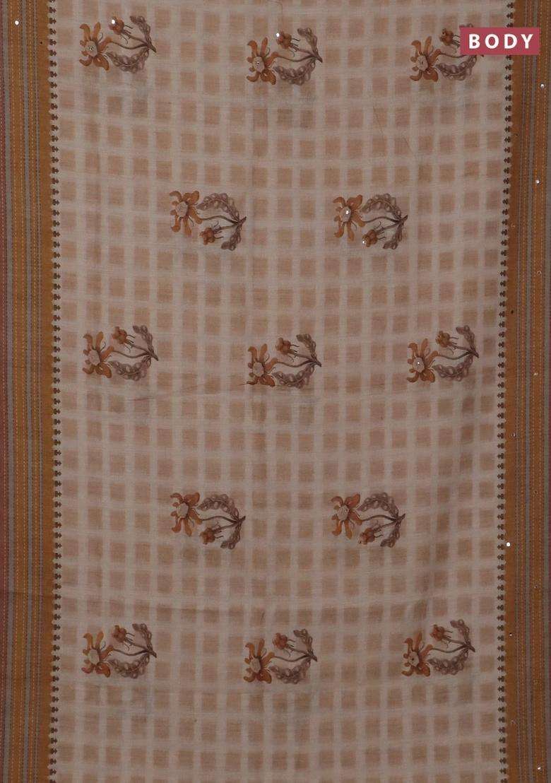 Kota Linen Saree Sandal And Brown With Allover Ikat Prints And Prints Mirror Work Border With Printed Design For Women - Indya