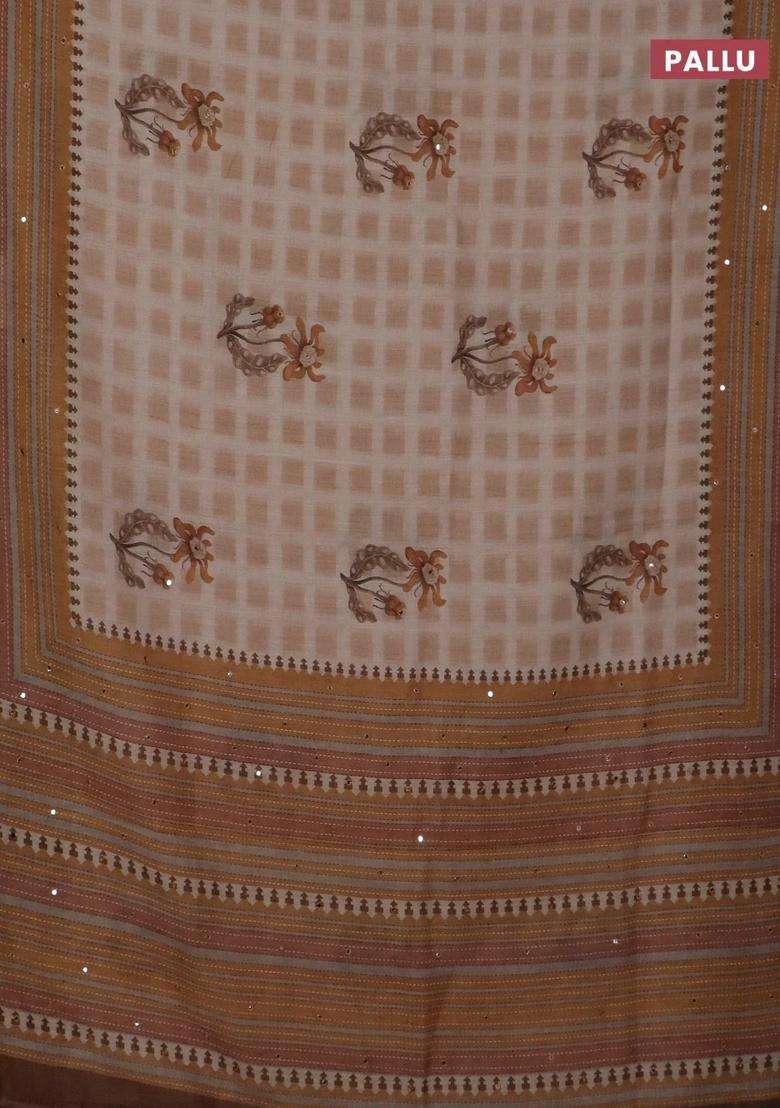 Kota Linen Saree Sandal And Brown With Allover Ikat Prints And Prints Mirror Work Border With Printed Design For Women - Indya