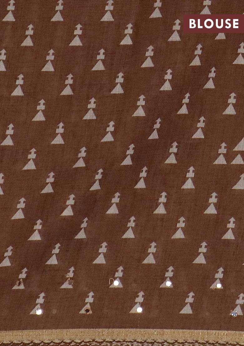 Kota Linen Saree Sandal And Brown With Allover Ikat Prints And Prints Mirror Work Border With Printed Design For Women - Indya