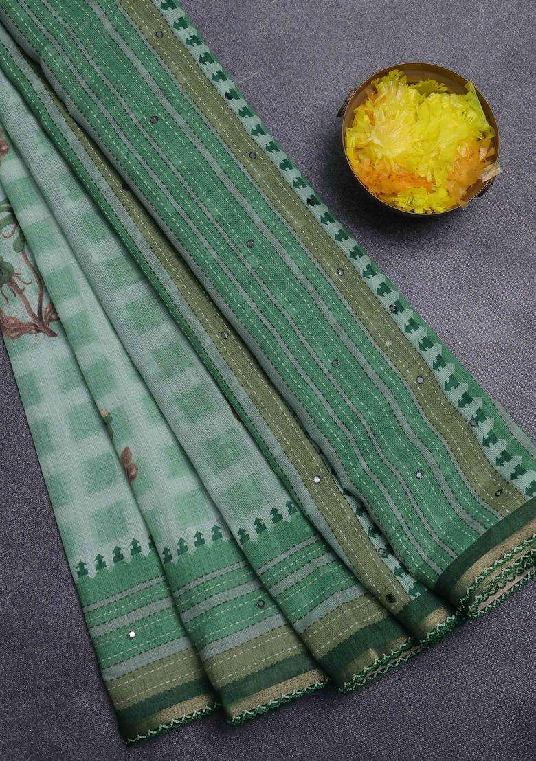Kota Linen Saree Light Green And Green With Allover Ikat Prints And Prints Mirror Work Border With Printed Design For Women - Indya