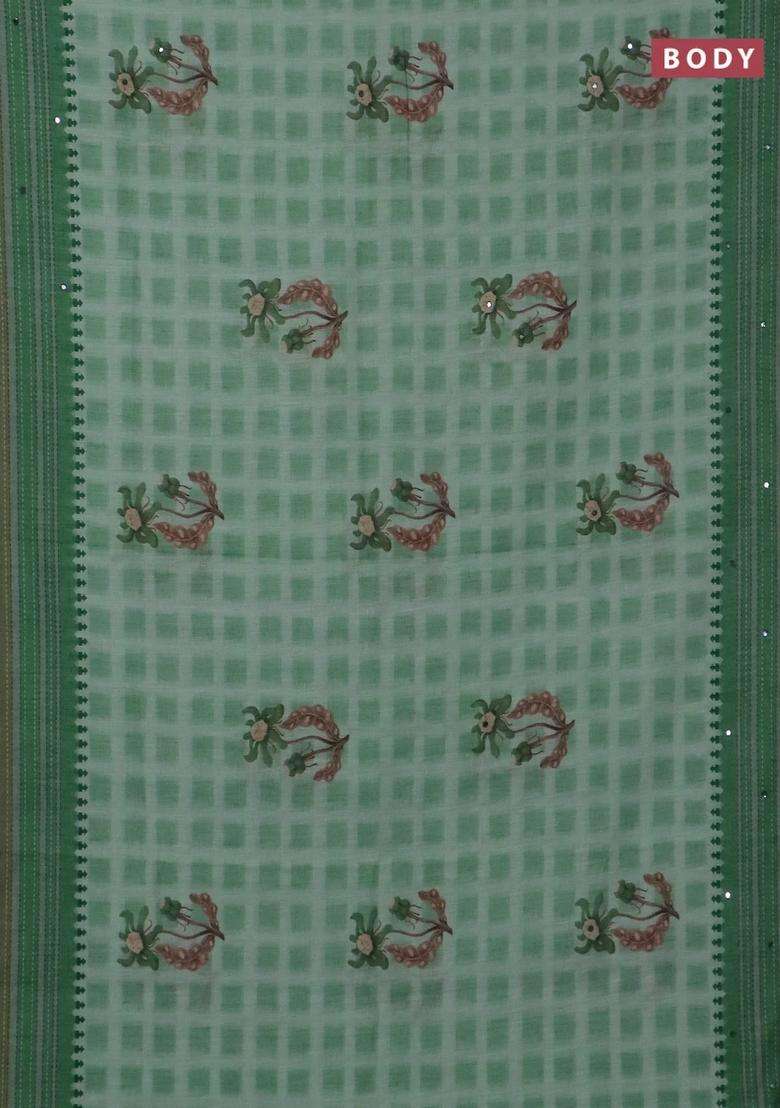 Kota Linen Saree Light Green And Green With Allover Ikat Prints And Prints Mirror Work Border With Printed Design For Women - Indya
