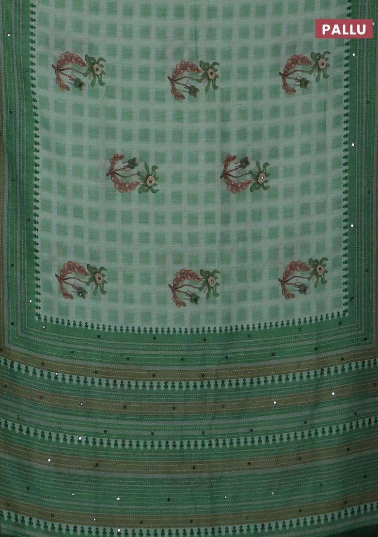 Kota Linen Saree Light Green And Green With Allover Ikat Prints And Prints Mirror Work Border With Printed Design For Women - Indya