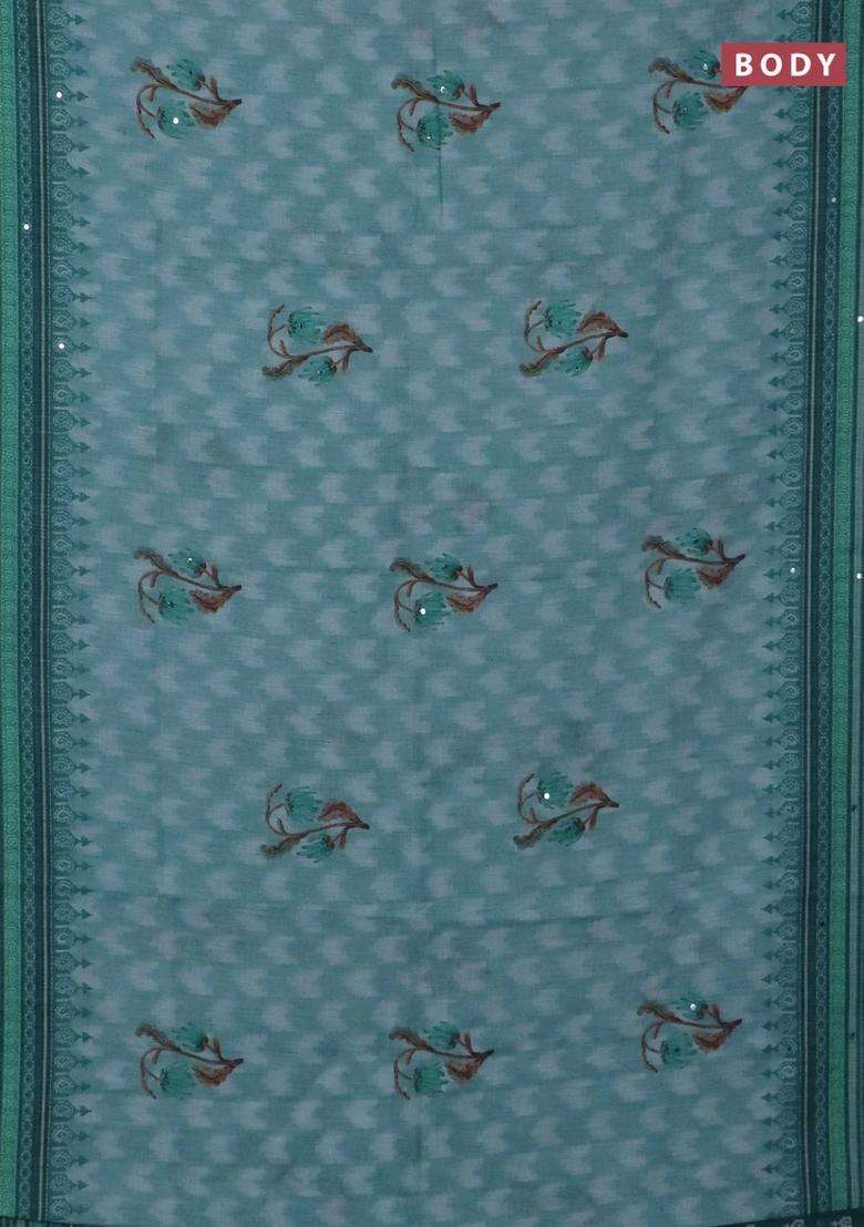 Kota Linen Saree Teal Blue And Peacock Green With Allover Ikat Prints And Prints Mirror Work Border With Printed Design For Women - Indya