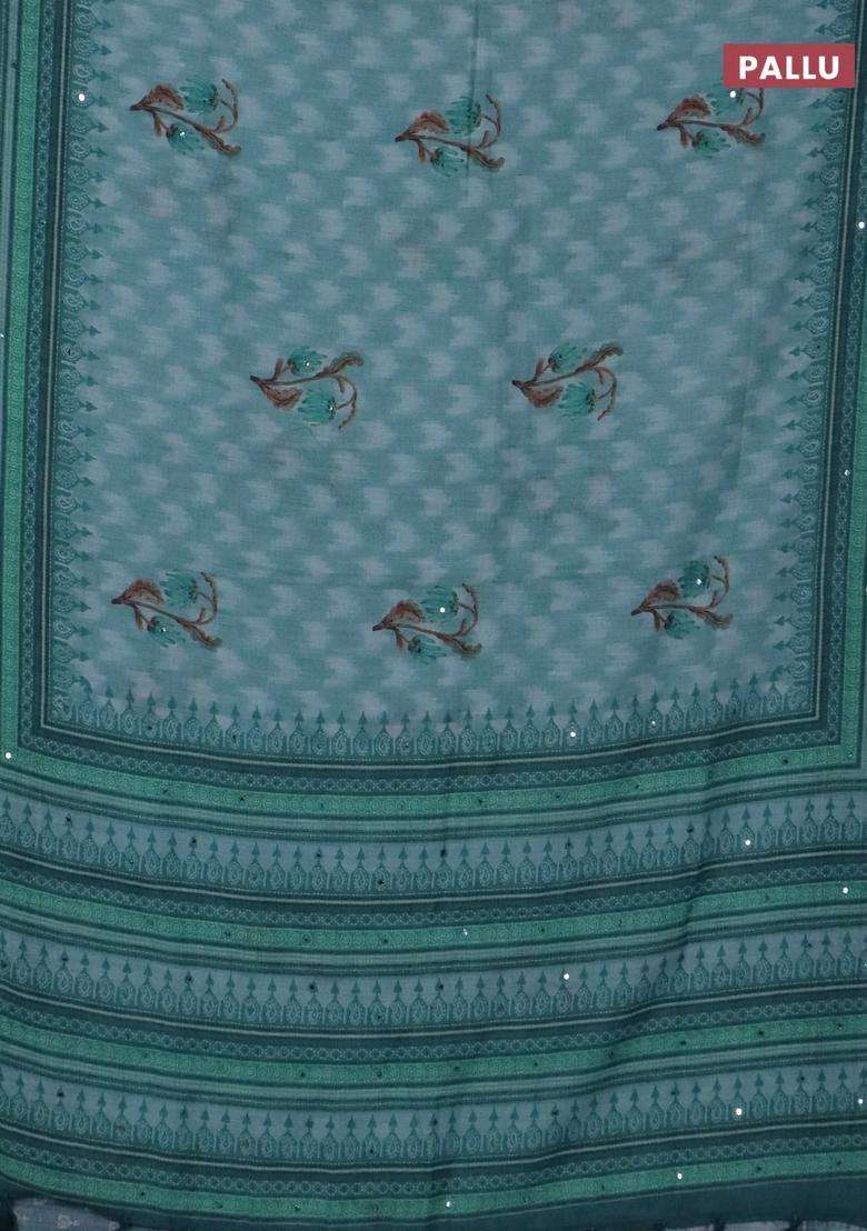 Kota Linen Saree Teal Blue And Peacock Green With Allover Ikat Prints And Prints Mirror Work Border With Printed Design For Women - Indya
