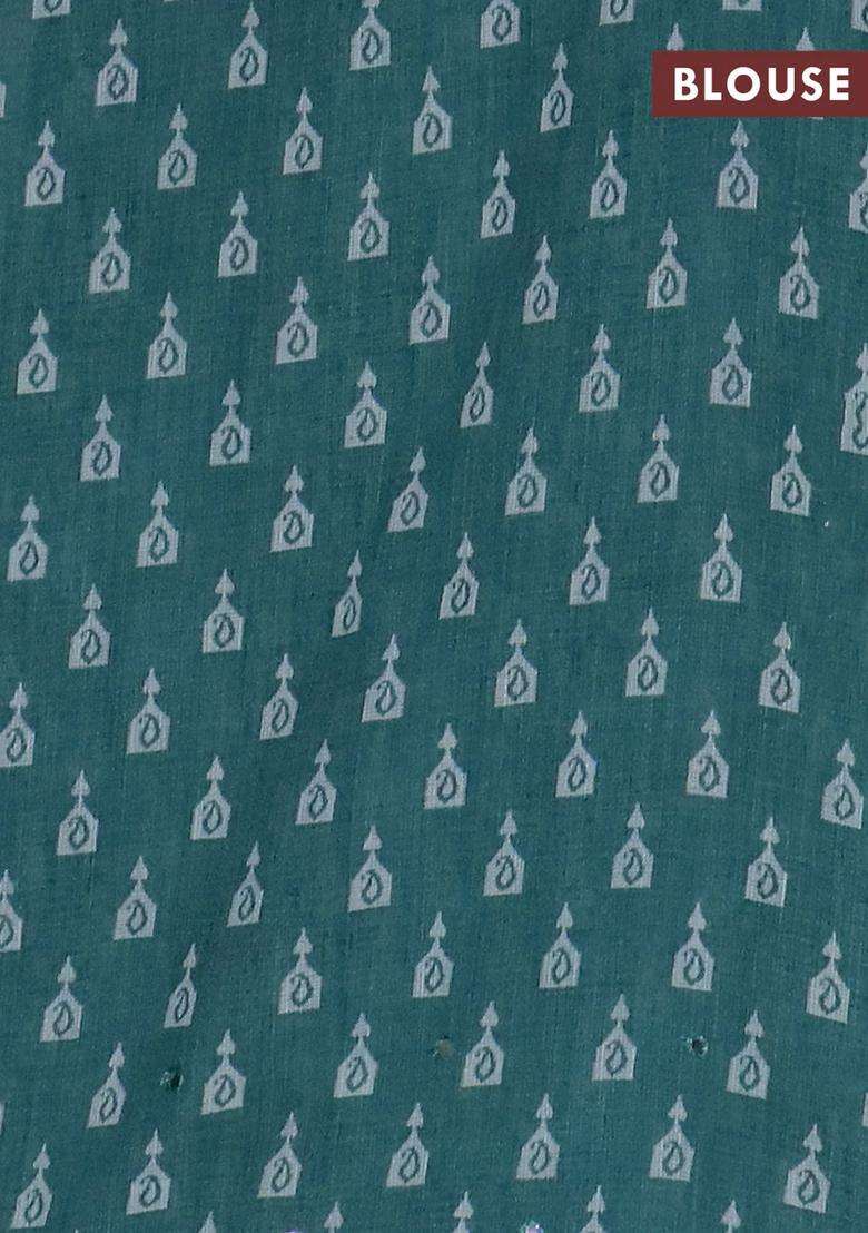 Kota Linen Saree Teal Blue And Peacock Green With Allover Ikat Prints And Prints Mirror Work Border With Printed Design For Women - Indya