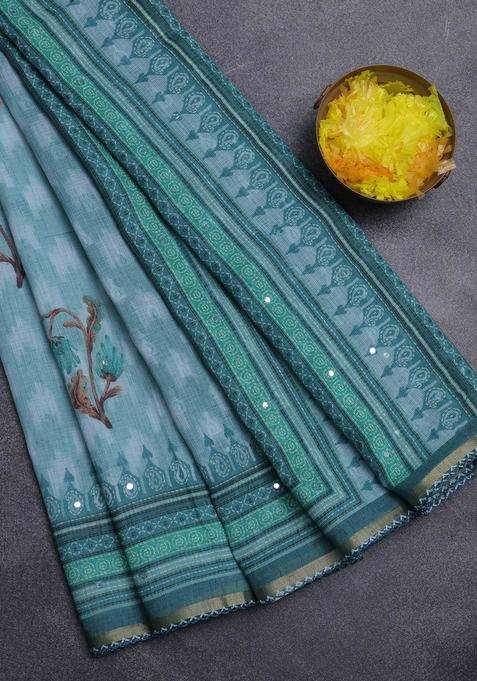 Kota Linen Saree Teal Blue And Peacock Green With Allover Ikat Prints And Prints Mirror Work Border With Printed Design For Women