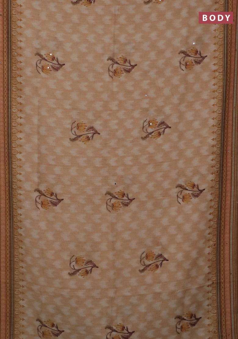 Kota Linen Saree Sandal And Brown With Allover Ikat Prints And Prints Mirror Work Border With Printed Design For Women - Indya