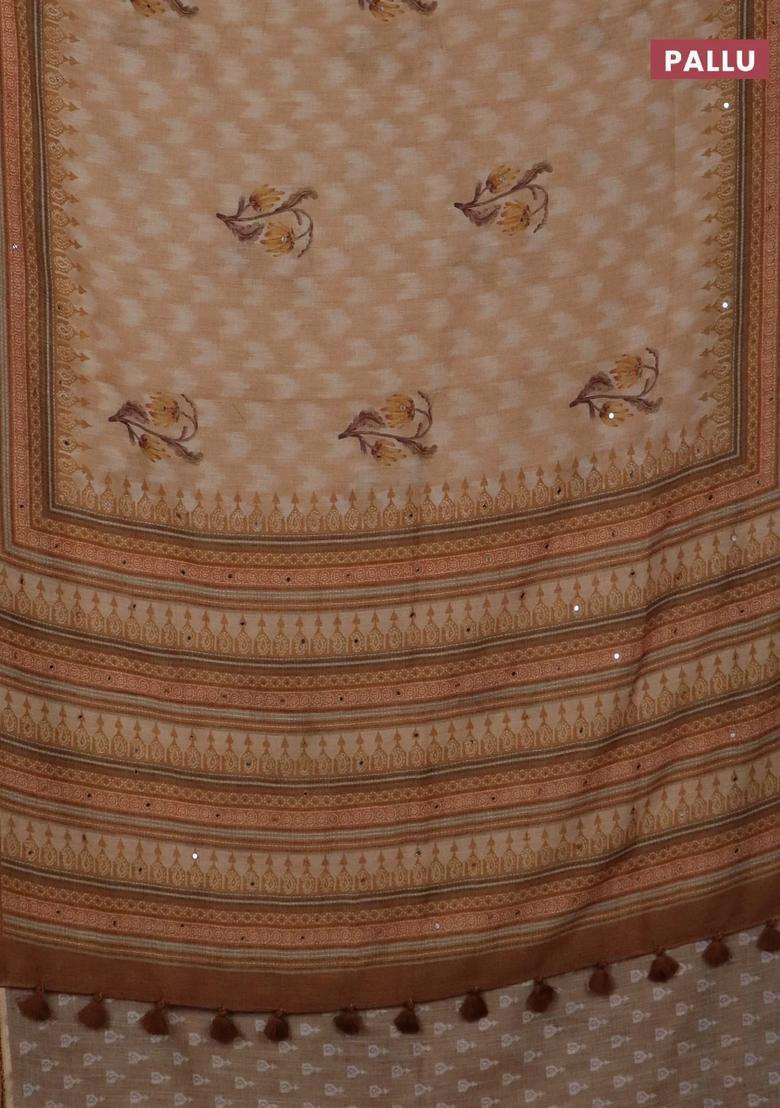 Kota Linen Saree Sandal And Brown With Allover Ikat Prints And Prints Mirror Work Border With Printed Design For Women - Indya