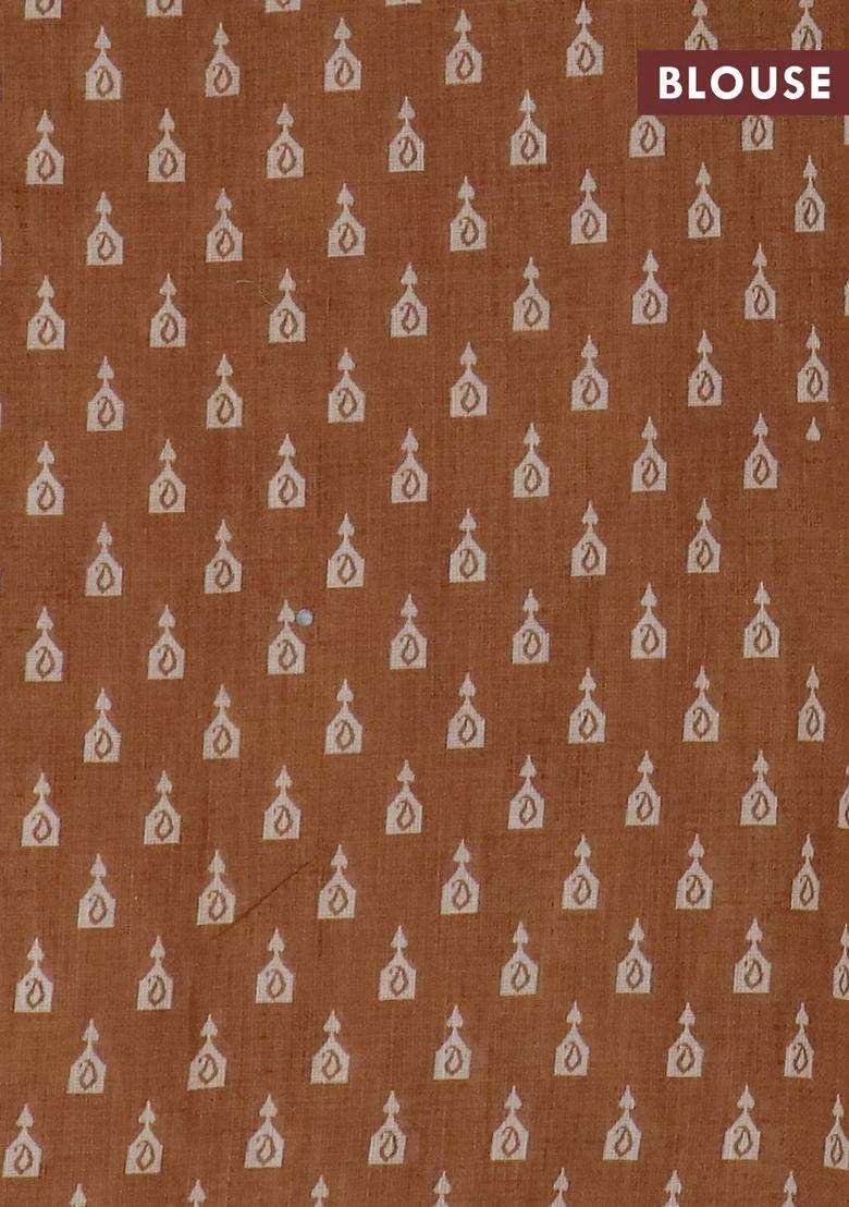 Kota Linen Saree Sandal And Brown With Allover Ikat Prints And Prints Mirror Work Border With Printed Design For Women - Indya