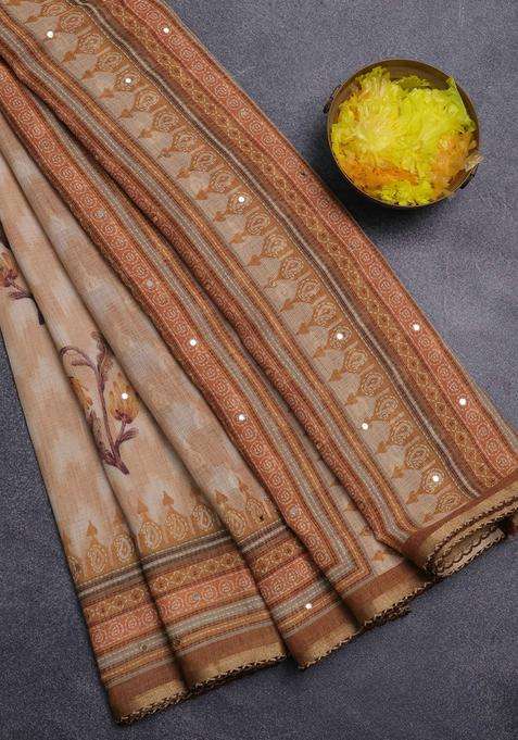 Kota Linen Saree Sandal And Brown With Allover Ikat Prints And Prints Mirror Work Border With Printed Design For Women