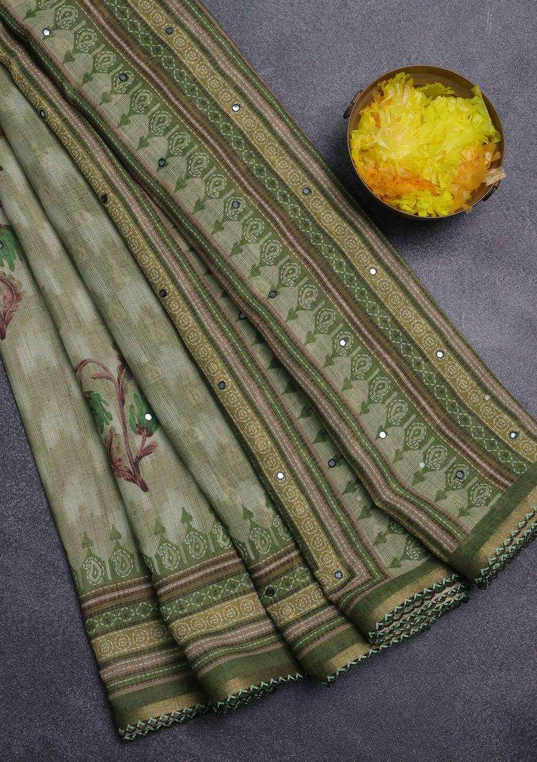Kota Linen Saree Mehendi Green And Green With Allover Ikat Prints And Prints Mirror Work Border With Printed Design For Women - Indya