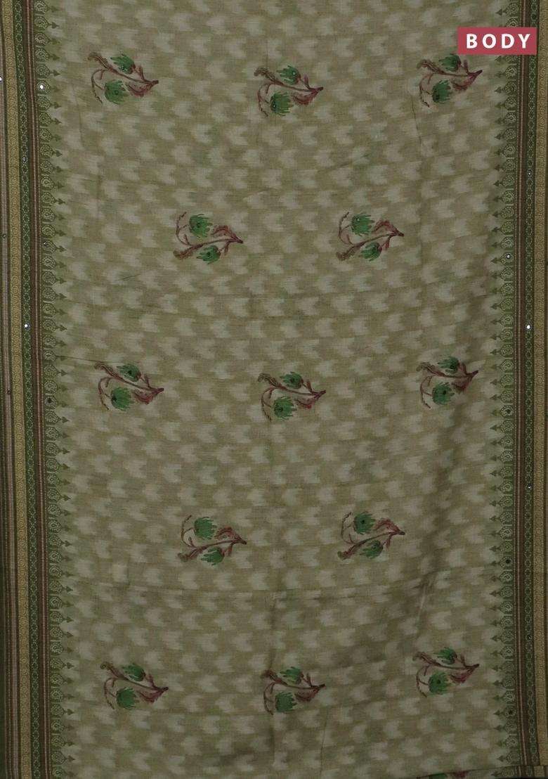 Kota Linen Saree Mehendi Green And Green With Allover Ikat Prints And Prints Mirror Work Border With Printed Design For Women - Indya