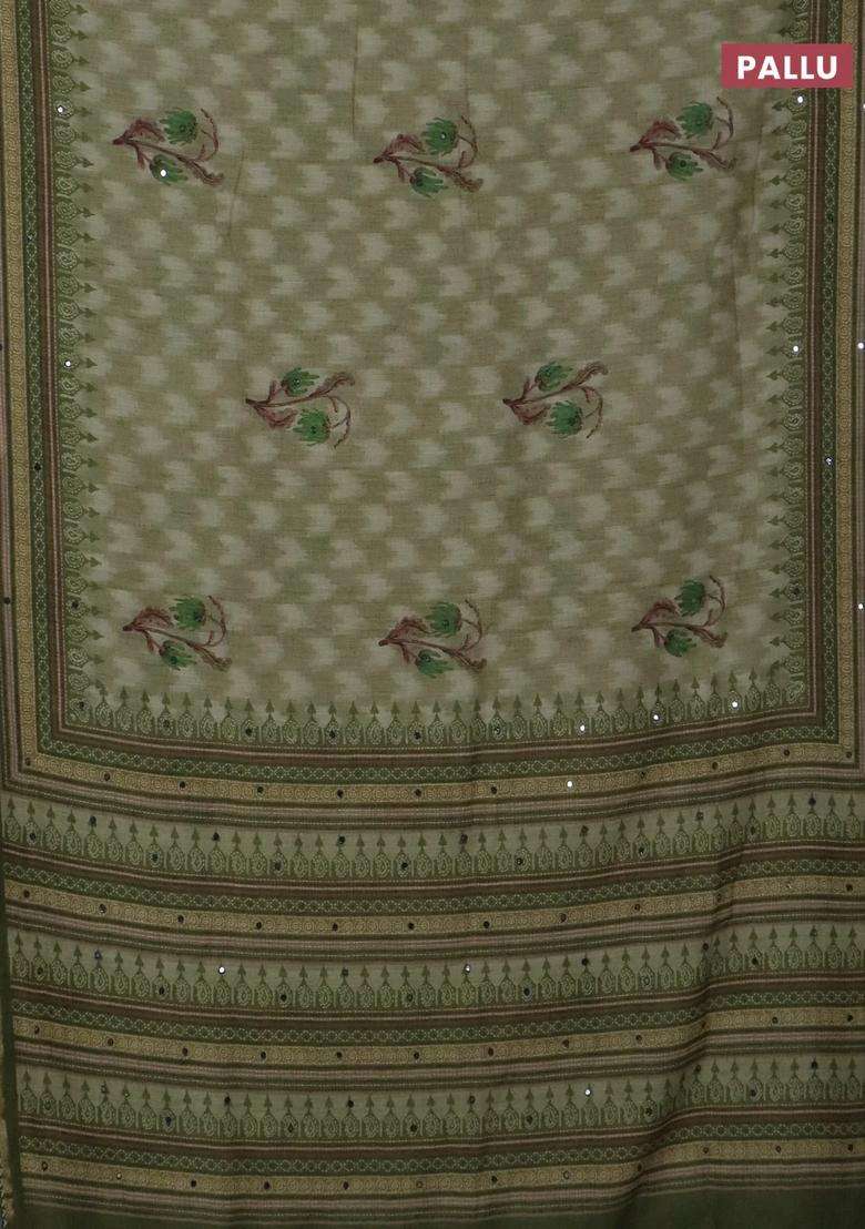 Kota Linen Saree Mehendi Green And Green With Allover Ikat Prints And Prints Mirror Work Border With Printed Design For Women - Indya
