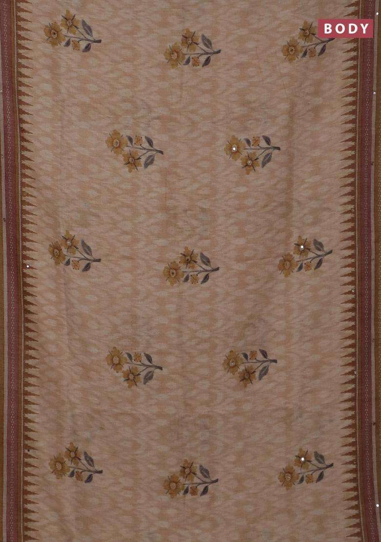 Kota Linen Saree Sandal And Brown With Allover Ikat Prints And Prints Mirror Work Border With Printed Design For Women - Indya