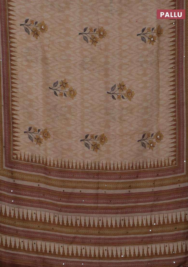 Kota Linen Saree Sandal And Brown With Allover Ikat Prints And Prints Mirror Work Border With Printed Design For Women - Indya