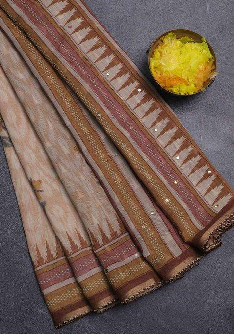 Kota Linen Saree Sandal And Brown With Allover Ikat Prints And Prints Mirror Work Border With Printed Design For Women