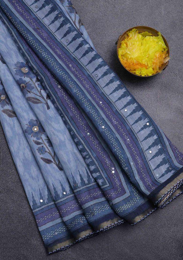 Kota Linen Saree Grey And Blue With Allover Ikat Prints And Prints Mirror Work Border With Printed Design For Women - Indya