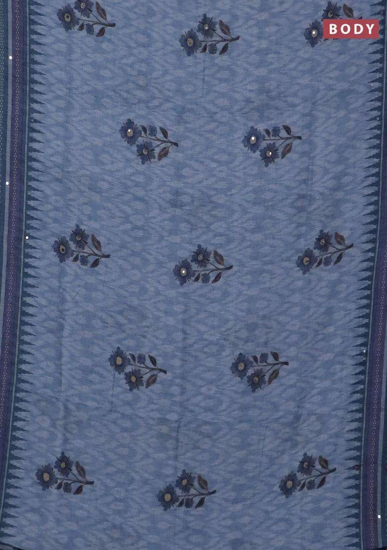 Kota Linen Saree Grey And Blue With Allover Ikat Prints And Prints Mirror Work Border With Printed Design For Women - Indya