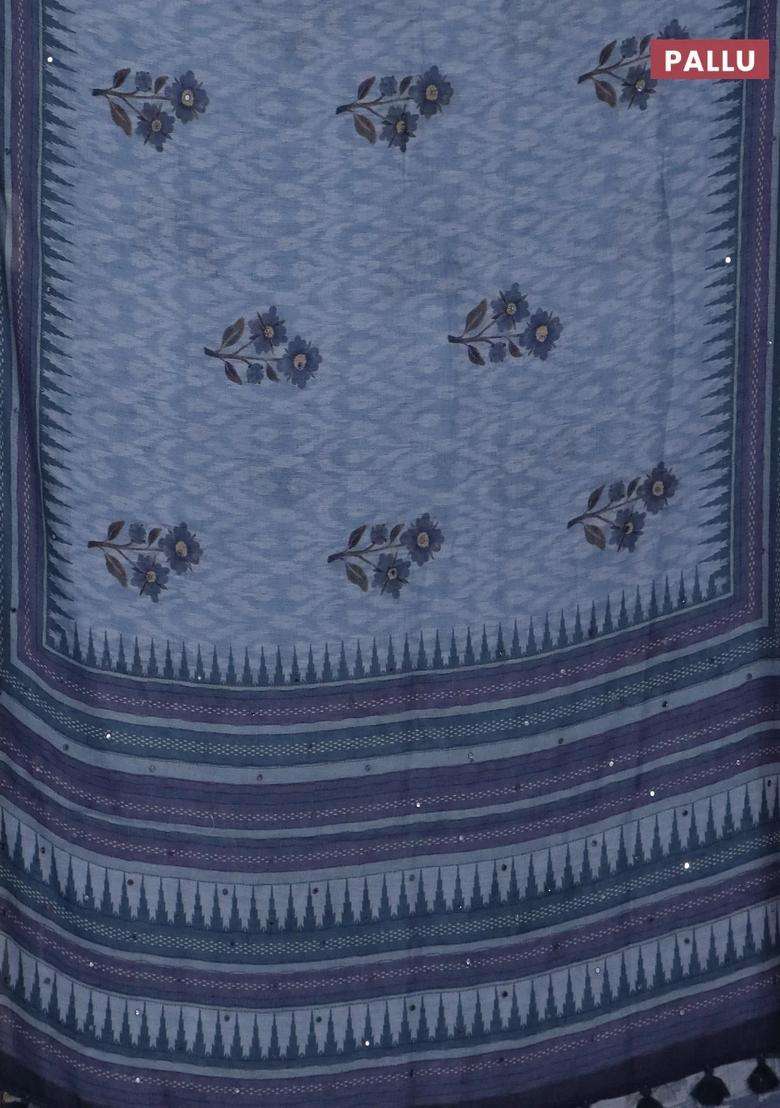Kota Linen Saree Grey And Blue With Allover Ikat Prints And Prints Mirror Work Border With Printed Design For Women - Indya