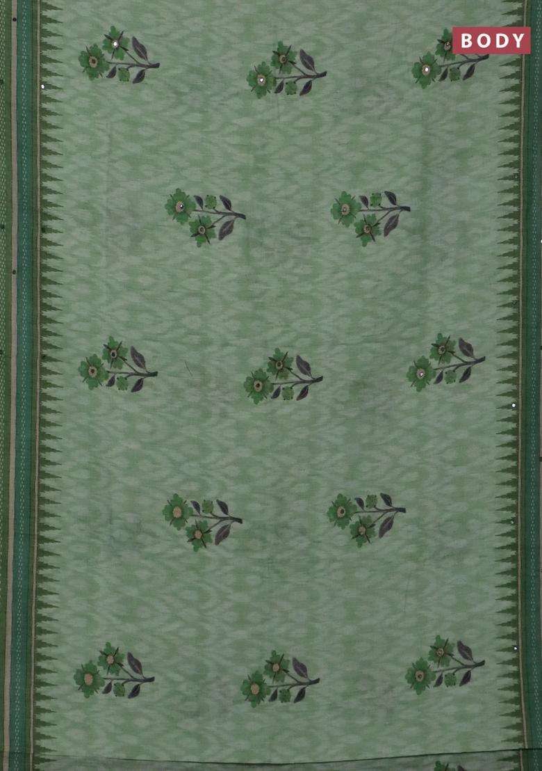 Kota Linen Saree Light Green And Green With Allover Ikat Prints And Prints Mirror Work Border With Printed Design For Women - Indya