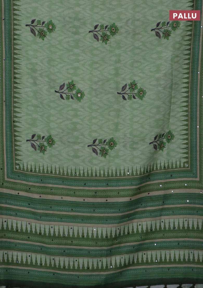 Kota Linen Saree Light Green And Green With Allover Ikat Prints And Prints Mirror Work Border With Printed Design For Women - Indya