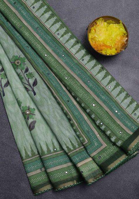 Kota Linen Saree Light Green And Green With Allover Ikat Prints And Prints Mirror Work Border With Printed Design For Women